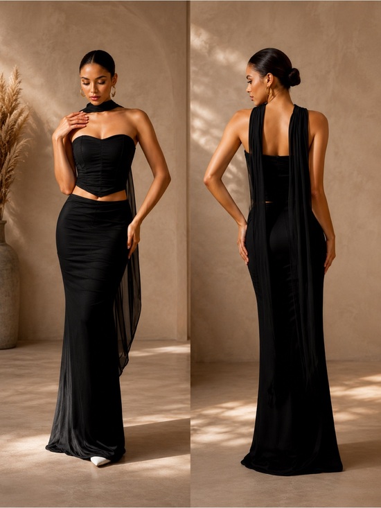 Dresses & Skirts - Unbranded Two-Piece Evening Gown Womens Formal Wedding Guest Small Black Satin
